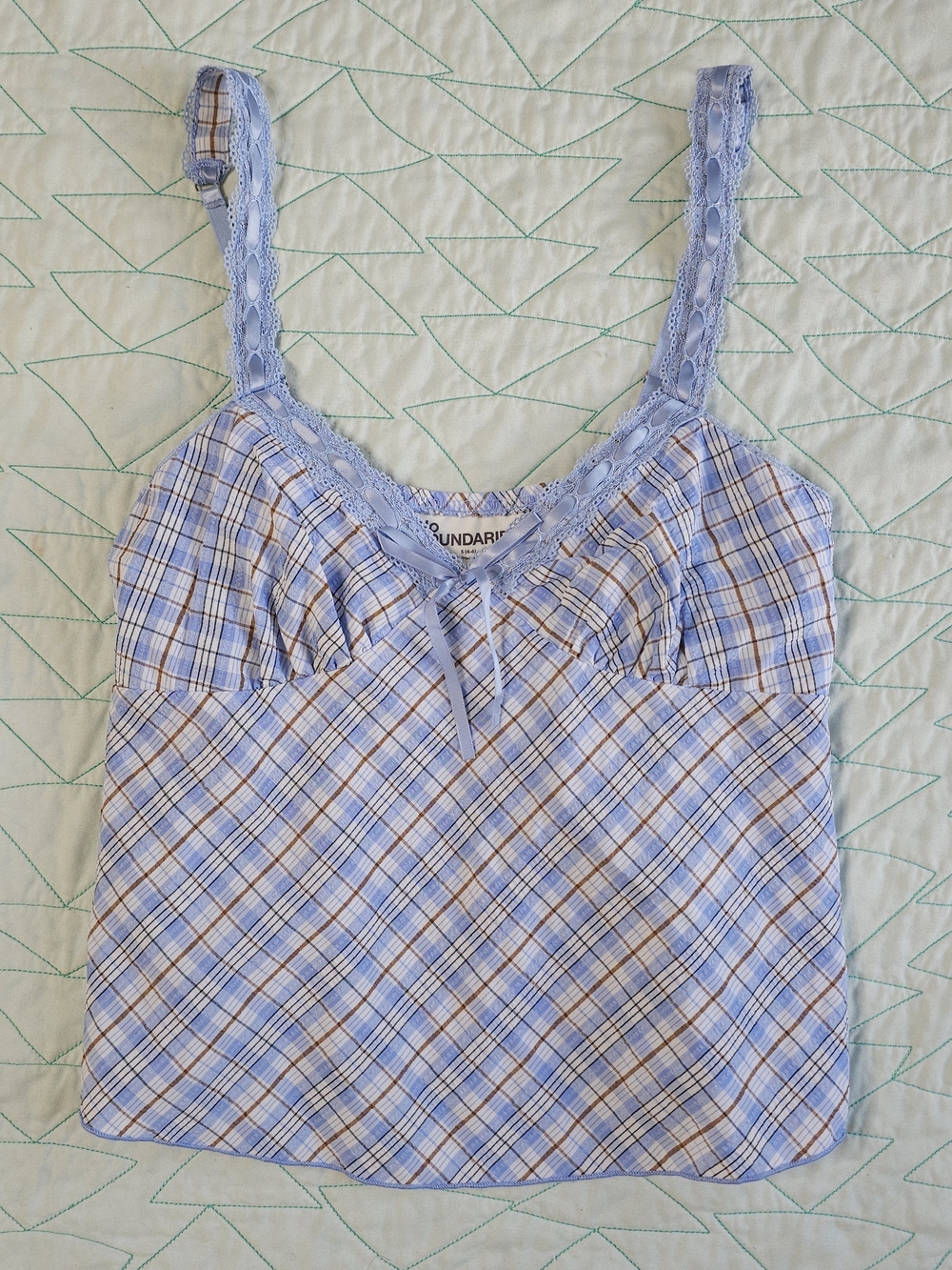 No Boundaries Blue Plaid Babydoll Lace Ribbon Trim Cami Tank Top